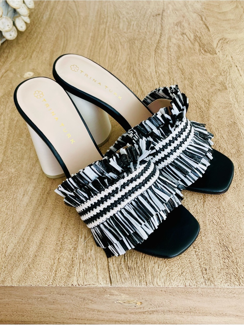 Trina Turk Black & White Fringed Slide Mules